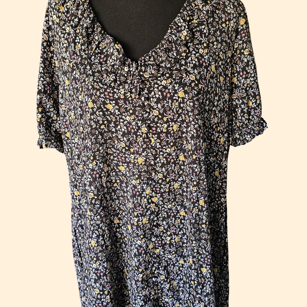 Madewell Floral Mini Dress Size M Black Ditsy Print Ruffle Neck Button Front